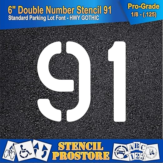 Pavement, Curb, and WheelStop Stencils - 6 inch Double Number Stencil - (91) - 6" x 6" x 1/8" (128 mil) - Pro-Grade