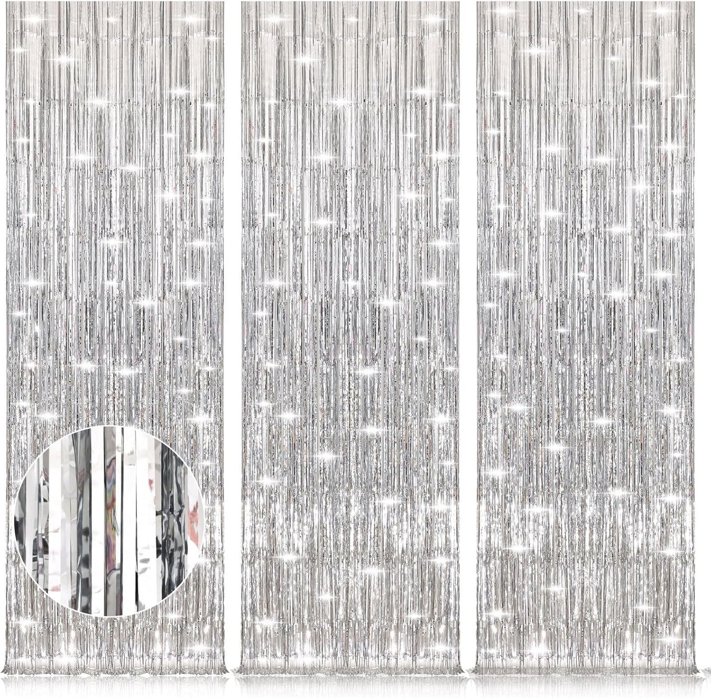 Accevo Silver Party Streamers 3Pack Metallic Tinsel Foil Fringe Curtains 3.2ft x 8.2ft Party Decorations for Photo Booth Photoshoot Birthday Bridal Shower Engagement Bachelorette Disco Party Decor
