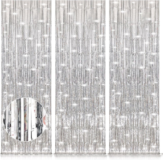 Accevo Silver Party Streamers 3Pack Metallic Tinsel Foil Fringe Curtains 3.2ft x 8.2ft Party Decorations for Photo Booth Photoshoot Birthday Bridal Shower Engagement Bachelorette Disco Party Decor