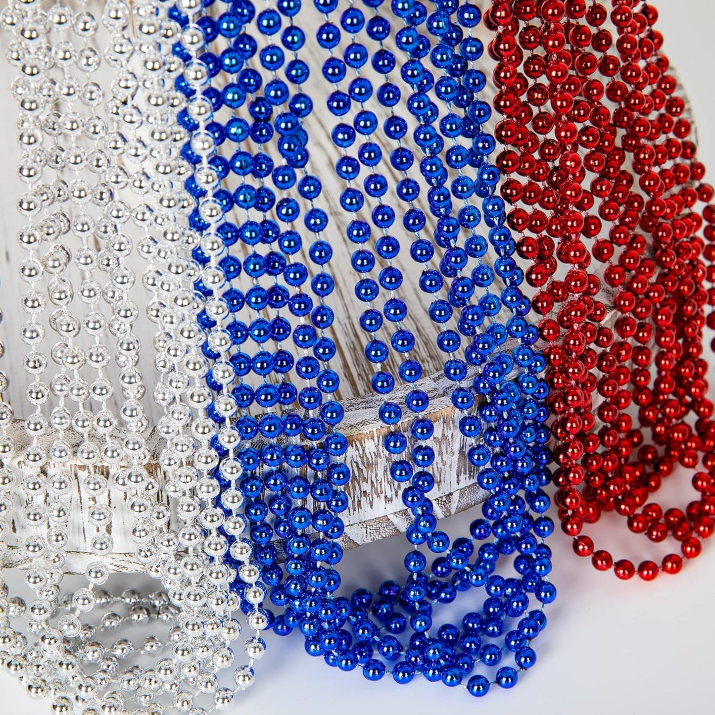4th of July Party Favors, 12PCS Veterans Day Necklaces Bulk, Fourth of July Red Blue Silver Beads Necklace, Veterans Day Patriotic Beads Bulk for Parade Party Celebration Favors Decorations