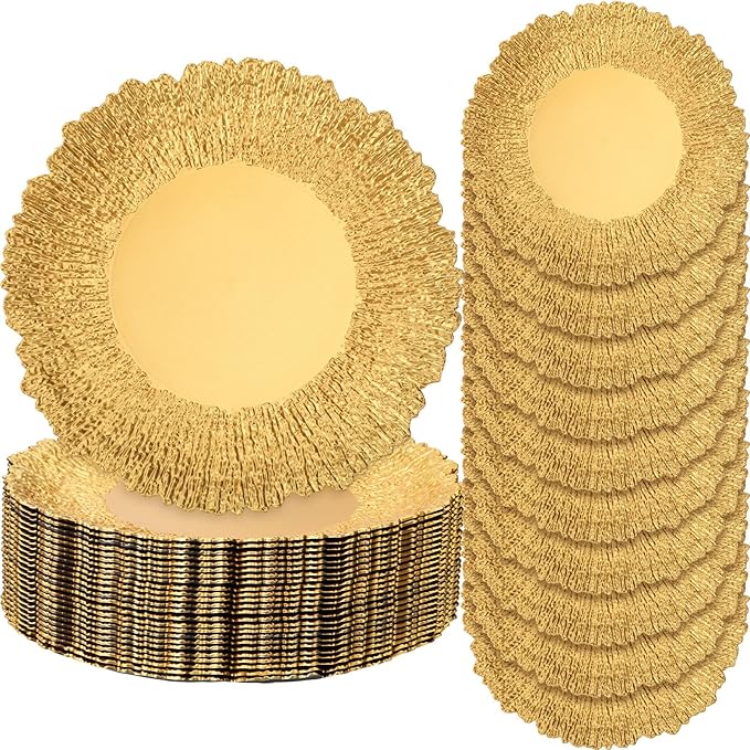 24 Pack Metallic Charger Plates 13inch Round Elegant Serving Plates Plastic Disposable Chargers Bulk Dinnerware Set for Dinner Wedding Party Events Catering Decoration (Gold,Embossed Rim)