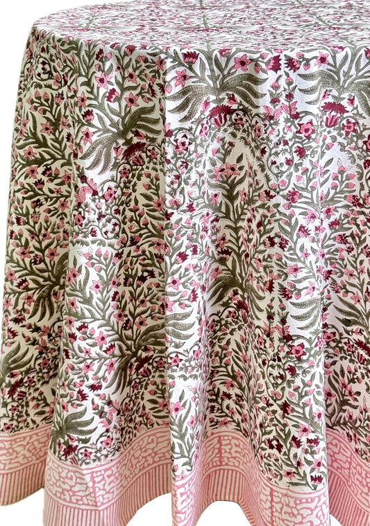ATOSII Nargis Pink 100% Cotton Round Block Print Summer Tablecloth, Floral Table Cloth Linen for Dining Parties Weddings Outdoors Holidays I 72" Inches Round, 4 Seater