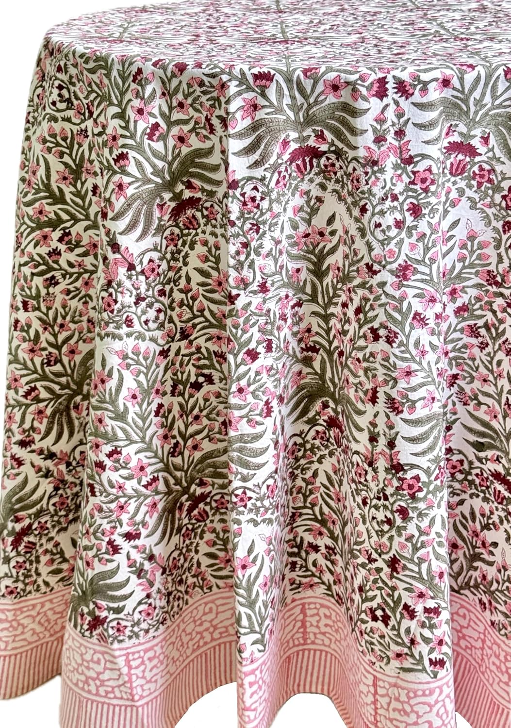 ATOSII Nargis Pink 100% Cotton Round Block Print Summer Tablecloth, Floral Table Cloth Linen for Dining Parties Weddings Outdoors Holidays I 90" Inches Round, 6 Seater I Grandmillennial Farmhouse Boho