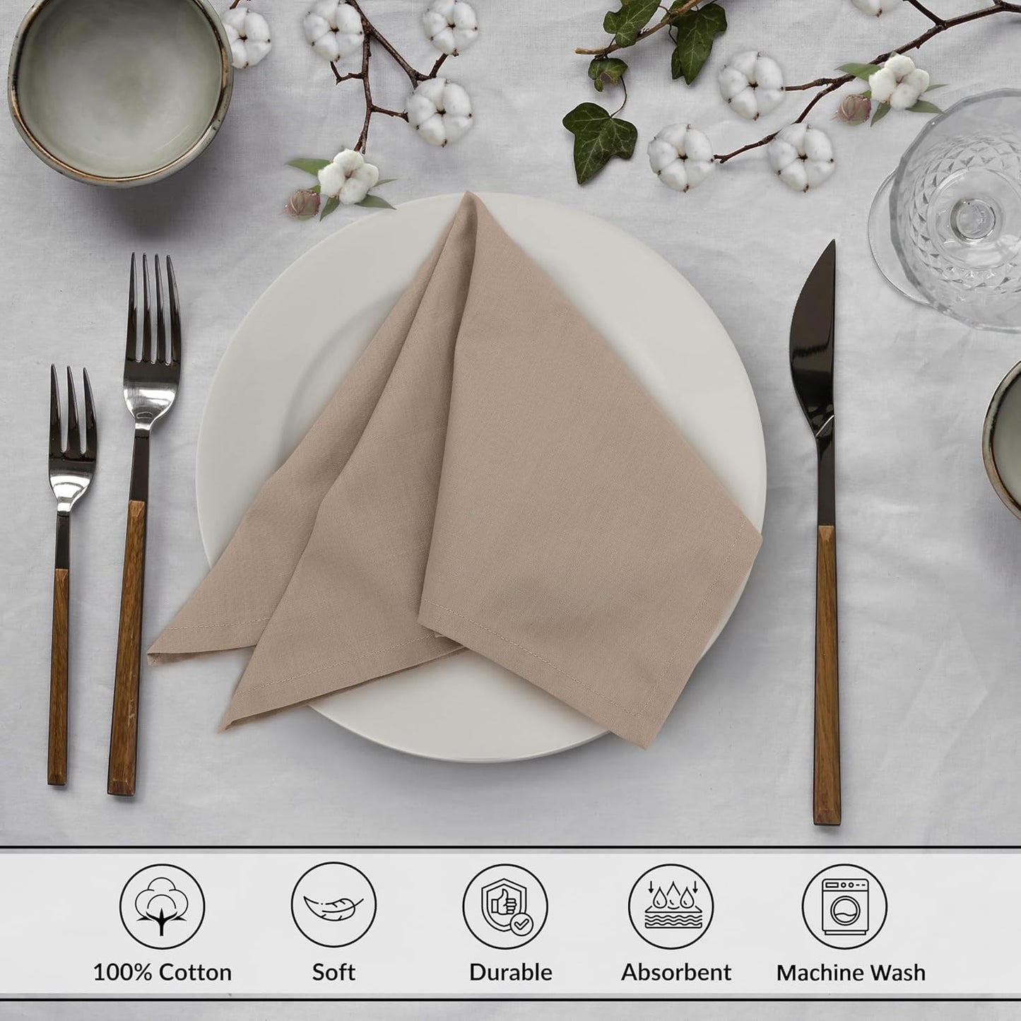 Ruvanti Cloth Napkins Set of 12, 18x18 Inches, 100% Cotton, Washable, Soft & Absorbent, Perfect for Wedding, Christmas, ‎Thanksgiving Dinners - Light Taupe
