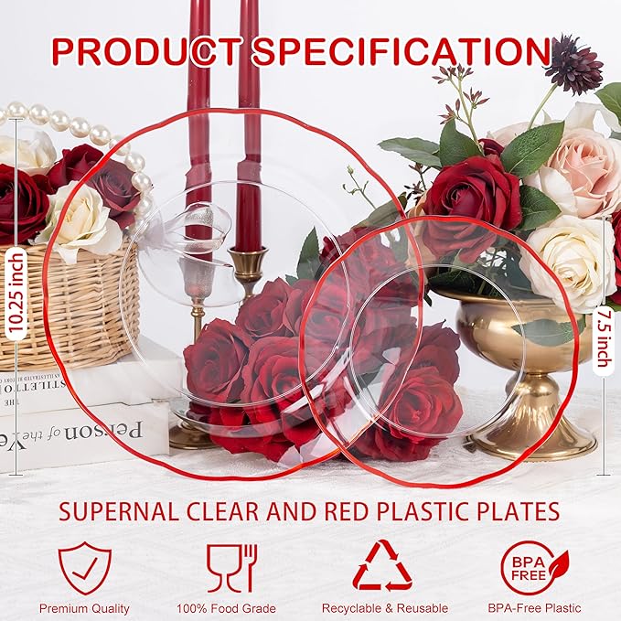 supernal 60pcs Clear and Red Plastic Plates,Fancy Scalloped Plates Disposable Heavy Duty, Wedding Disposable Dinnerware Include 30 Dessert Plate and 30 Dinner Plastic Plate for Party and Birthday