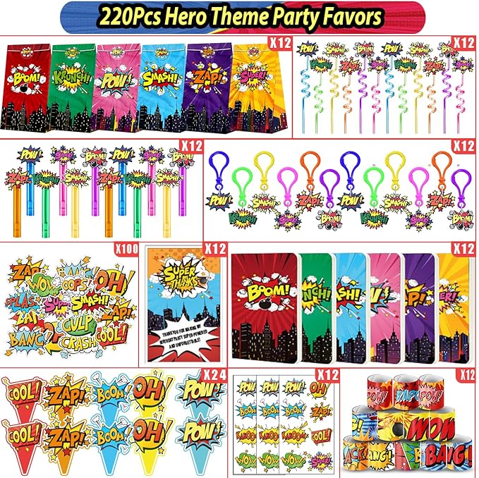 220PCS Hero Party Favors Kit – Birthday Supplies Includes Goodies Bags, Straws, Bubble Wands, Notebook & More – Perfect for Party Decorations & Pinata Fillers