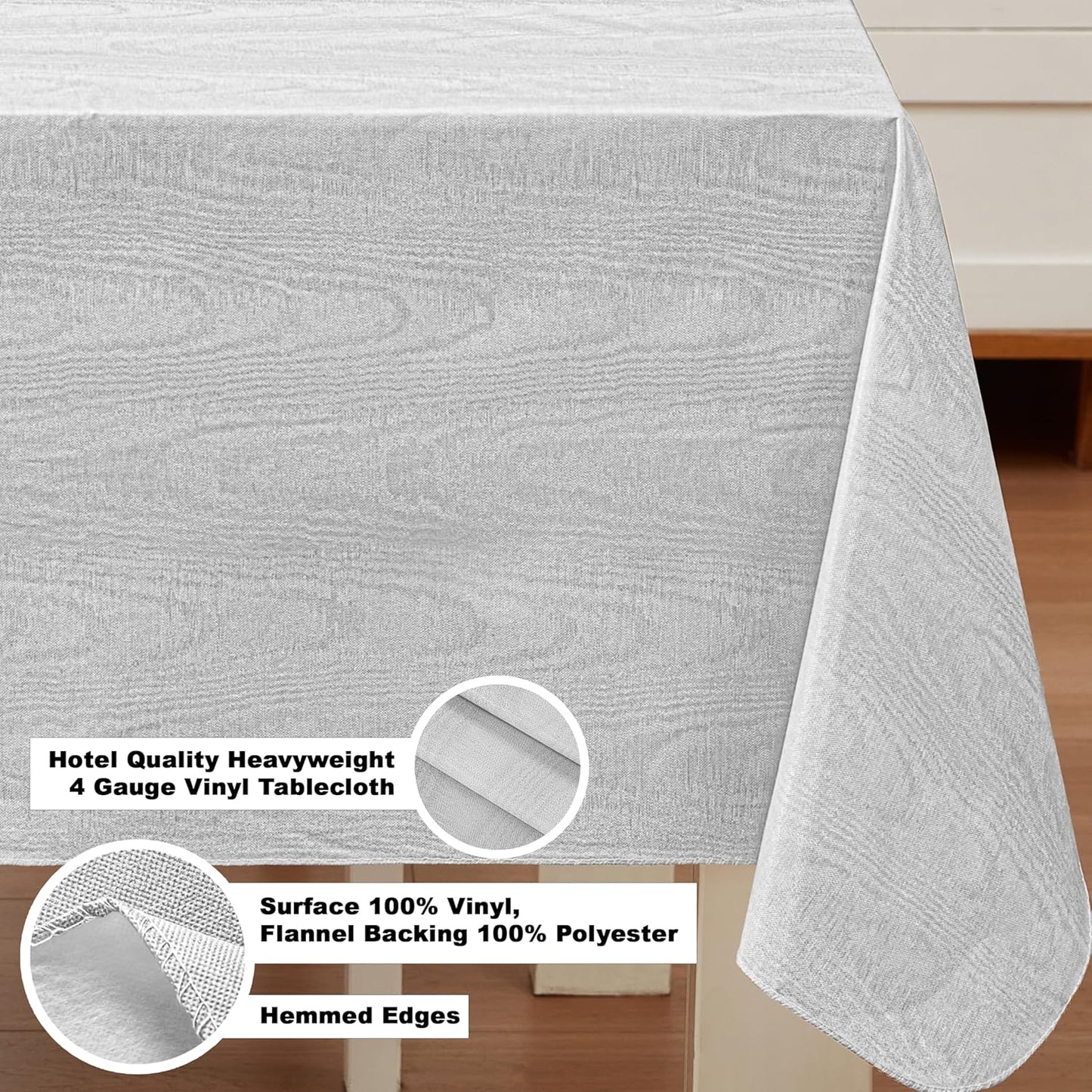 Newbridge Vinyl Flannel Backed Tablecloth, 52 x 52 Inch Square, Silvery White Moire Wavy Solid Design, Heavyweight Indoor Outdoor Waterproof Table Cover, Easy Care Wipe Clean