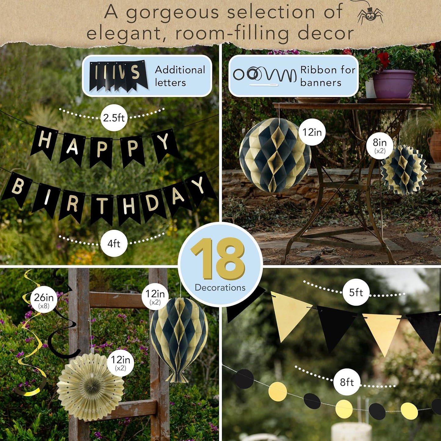 Premium Reusable - Black and Gold Birthday Decorations for Men and Women - Multi-occasion Banner, Pennant Banner, Paper Fans - Party Decor by Itsy Bitsy Party Co