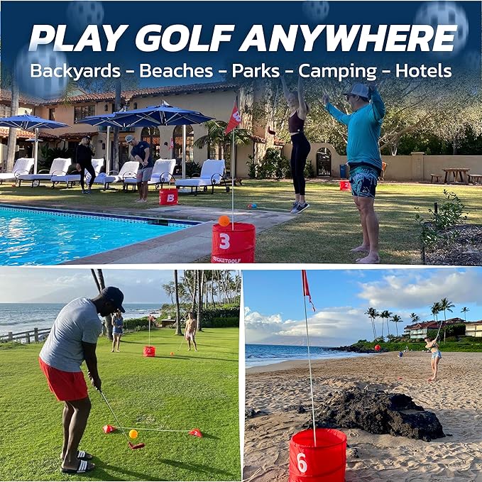 bucketgolf Game 9 Hole Bundle with Clubs - Outdoor Golf Game for All Ages Adults, Kids, Family. Play Golf Anywhere Yards, Beach, Park, Backyard Games. (4 Clubs (4 RH))