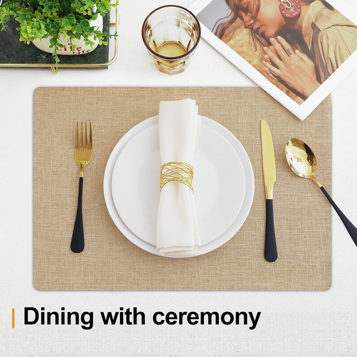 Homaxy Cloths Placemats for Dining Table Set of 12, Heat Resistant Washable Cotton Linen Blend Table Mats, Easy to Clean Place Mats for Indoor Outdoor Party Kitchen Decoration, 13" x 19", Flaxen