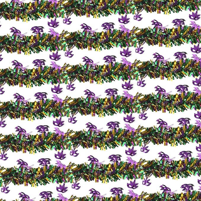 100 Feet Mardi Gras Tinsel Garland Gold Green Purple Garland Mardi Gras Christmas Tree Tinsel Garland Metallic Twisted Hanging Garland for Mardi Gras Oktoberfest Birthday Party Decoration, B