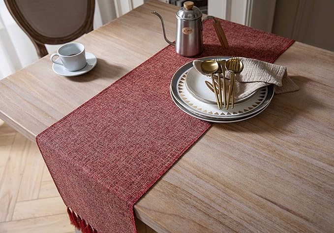 ZeeMart Red Table Runners 48 Inches Long, Burlap Linen Style Rustic Farmhouse Table Runner, Small Short Boho Coffee Table Runner, 13x48 Inches, Red