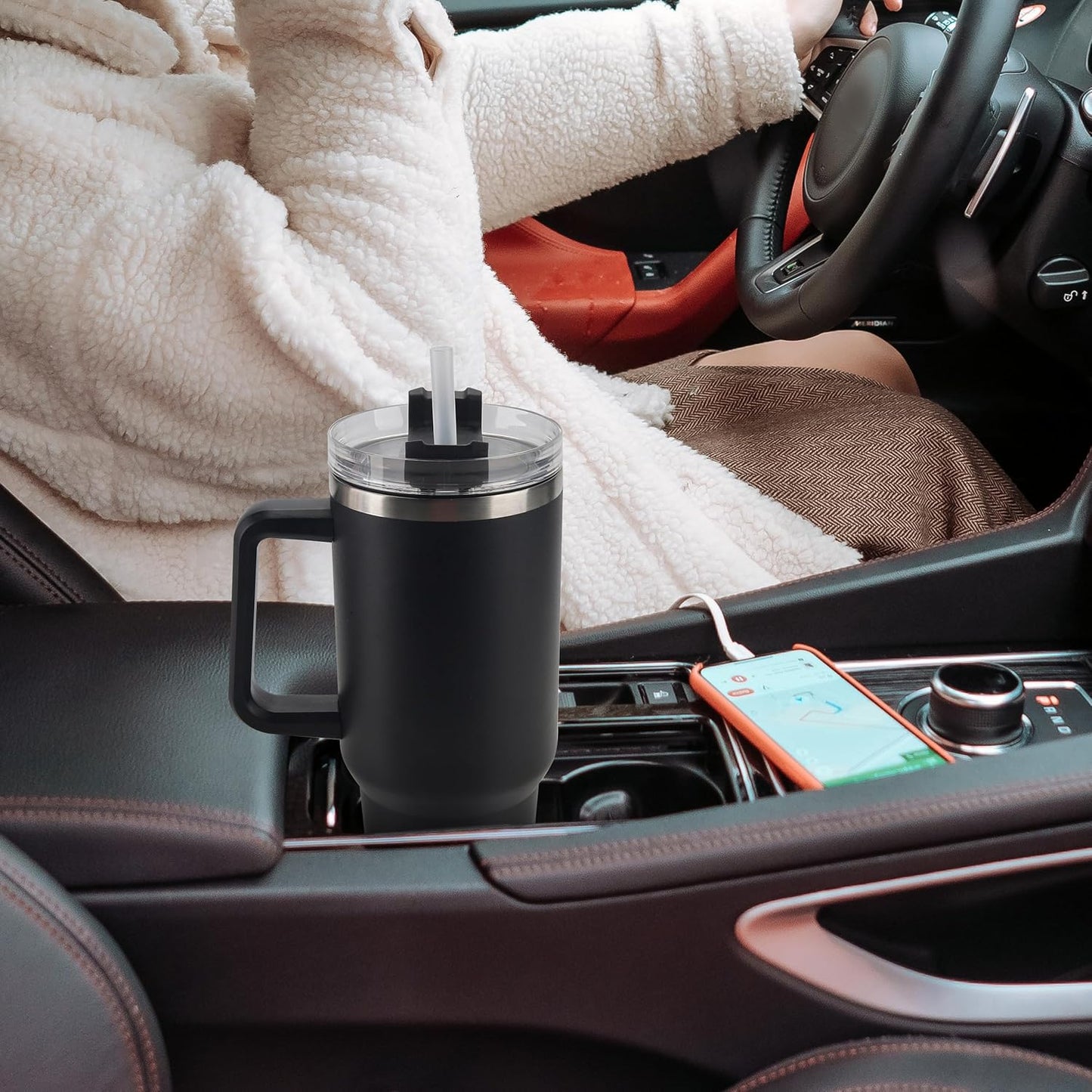 40 oz Tumbler with Handle and Straw Spill Proof Large Travel Coffee Mug Insulated Reusable Stainless Steel Cup with Lid Fit for Car Cup Holder (Black)