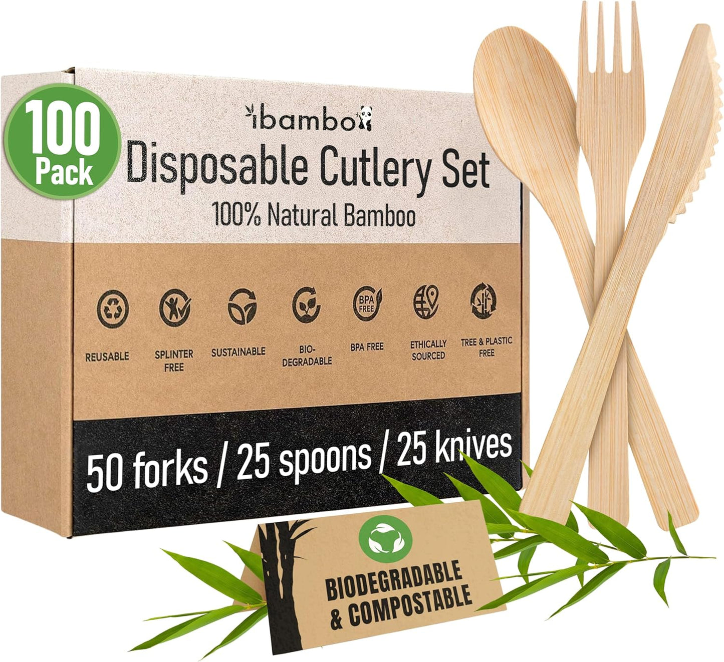 Ibambo 100% Bamboo Utensils Set - 100x Compostable Cutlery Set (50 Compostable Forks, 25 Disposable Spoons, 25 Biodegradable Knives) | Bamboo Silverware | FSC Certified for Weddings, Camping, Party