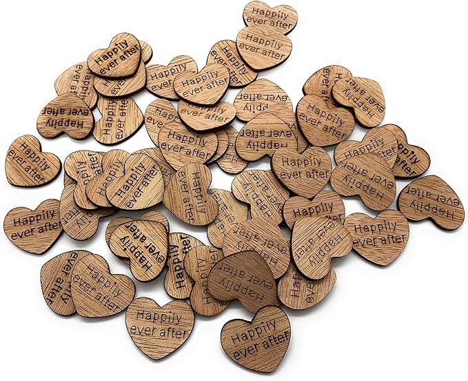 Wooden Heart Confetti ~ Happily Ever After ~ Wood Hearts, Wood Confetti Engraved Love Hearts- Rustic Wedding Table Scatter (100 count)