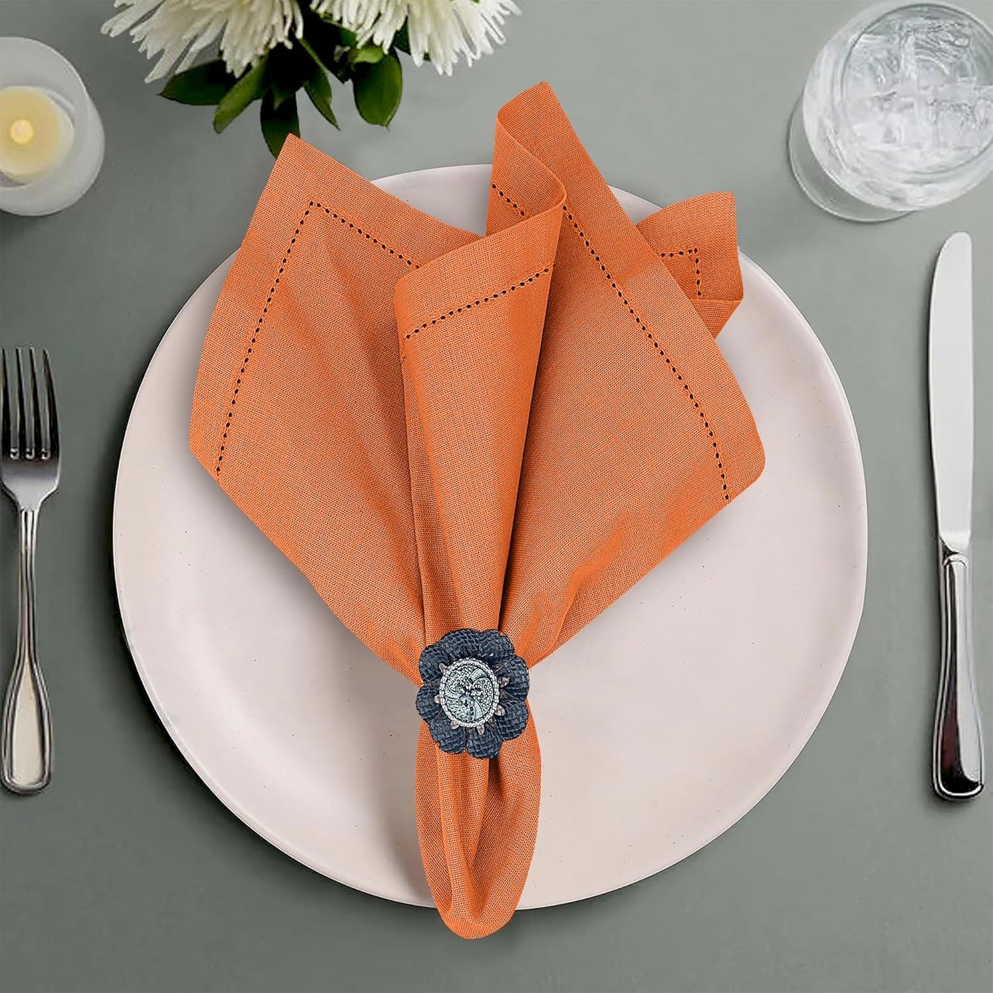 Ruvanti Premium Linen Napkins Set of 4-20x20 Inch, Classic Hemstitch, Mitered Corner Cloth Napkins ‎‎- Soft, Elegant Dinner Napkins Cloth Washable for Weddings, Parties, Everyday Use - Fall/Orange