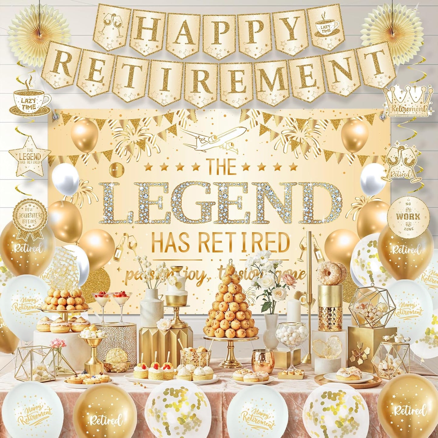 Roetyce Retirement Party Decorations Women, Champagne Gold Happy Retirement Banner Backdrop Balloons Hanging Swirls for Coworker, Gold Lengend Has Retired Sash & Crown, Office Retired Background