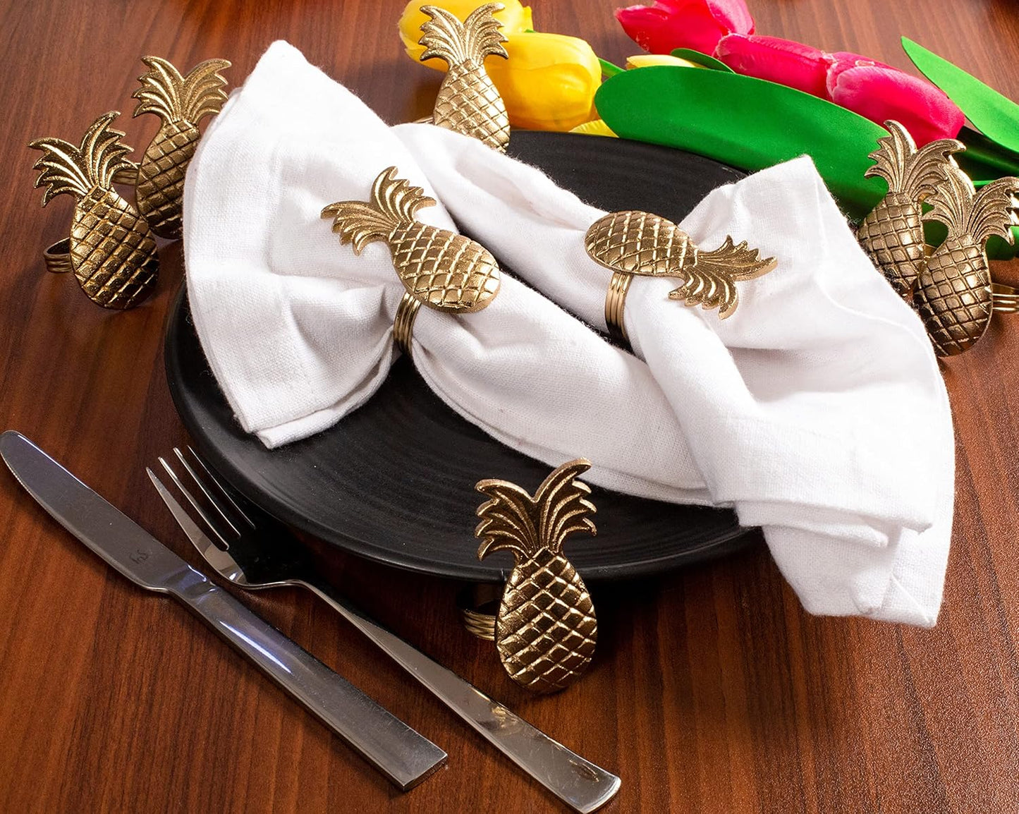 Set of 12 Napkin Rings Pineapple Antique Gold Bulk Elegant Napkin Rings Thanksgiving Christmas Napkin Holder Handmade Buckles Rings for Farmhouse Table Decor Harvest Wedding Party - ALPHA Living HOME