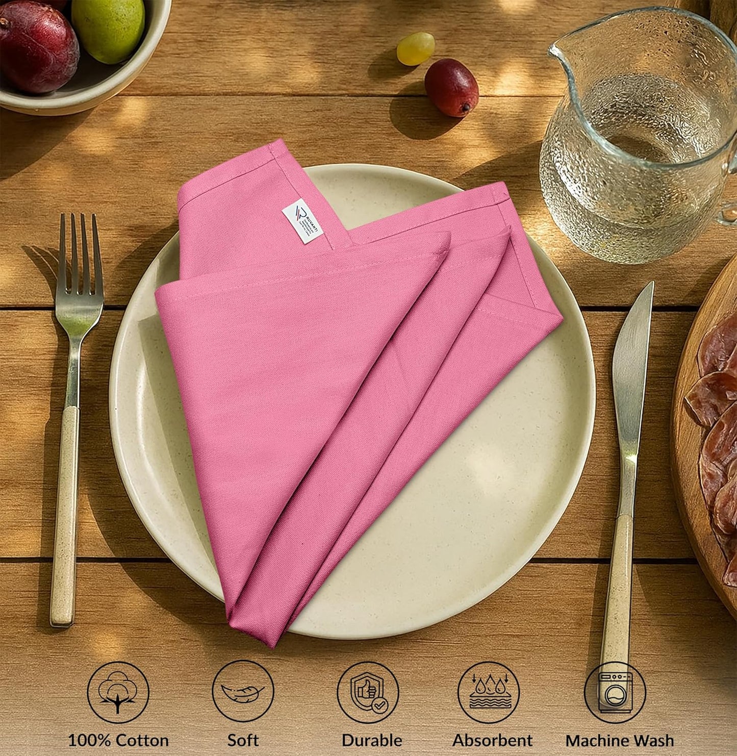 Ruvanti Premium Cloth Napkins Set of 6, 18x18 Inches, 100% Cotton, Washable, Soft & Absorbent, Perfect for Wedding, Christmas, ‎Thanksgiving Dinners - Pink