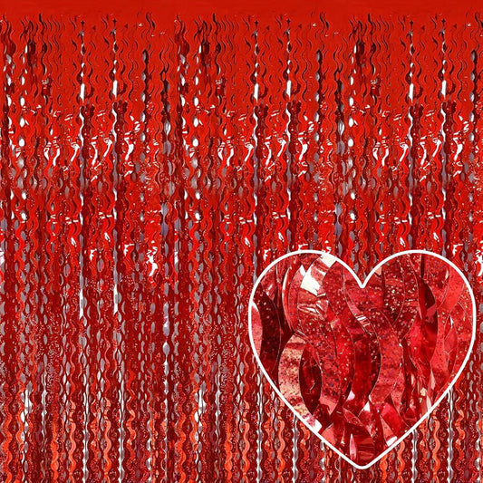 4 Pack Red Fringe Curtain Backdrop 3.2Ft x 8.2Ft Metallic Tinsel Foil Fringe Streamers Background for Photo Booth, Easter, Mother's Day, Bachelorette, Wedding, Birthday Party Decoration
