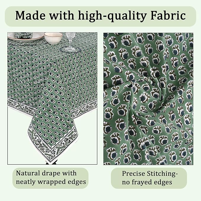 Ridhi Hand Block Print Basil Green Rectangle Cotton Tablecloth 102" x 48" Reusable Table Cover Decorative Everyday Use for Dining, Farmhouse, Home Gift for Spring, Easter, Valentine