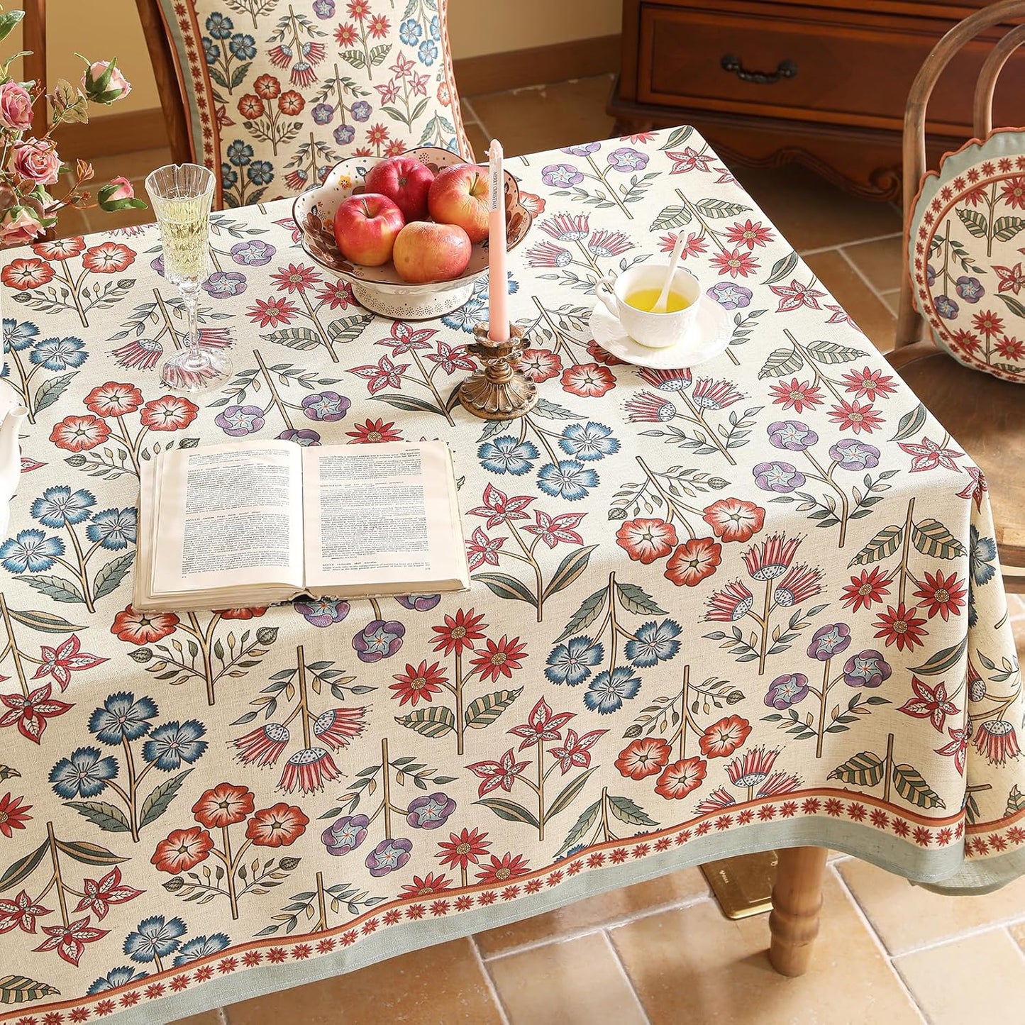 French Linen Long Rectangle Tablecloth,Vintage Colorful Multiple Prints Soft and Durable Tablecloths,Decor Table Cover for Kitchen,Dining,Party,Thanksgiving,Christmas,63"*102"-Lohi