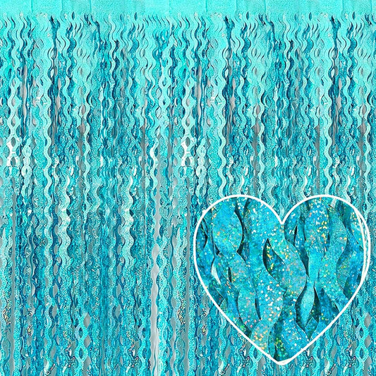 4 Pack Lake Blue Fringe Curtain Backdrop 3.2Ft x 8.2Ft Metallic Tinsel Foil Fringe Streamers Background for Photo Booth, Easter, Mother's Day, Bachelorette, Wedding, Birthday Party Decoration