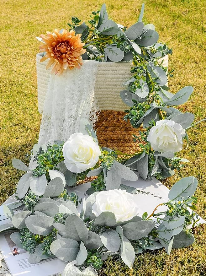 Miracliy 6 Ft Eucalyptus Garland with Flowers, Lambs Ear Greenery White Roses Flower Garland Fake Vines for Wedding Boho Table Mantle Backdrop Party Farmhouse Home Decor