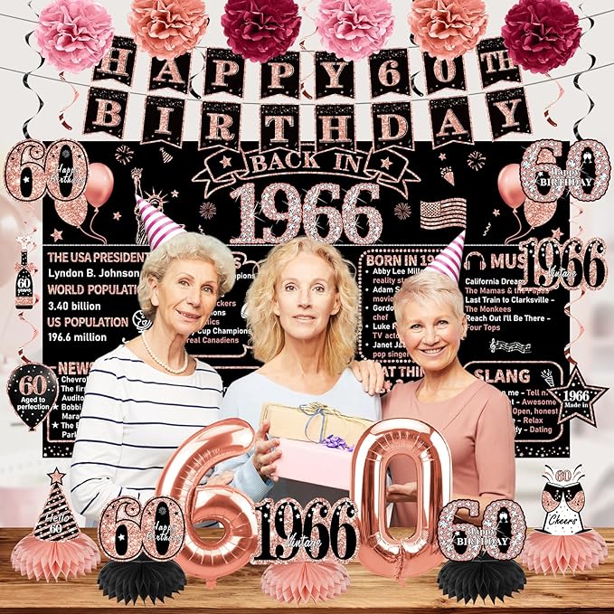 Zirtorei 60th Birthday Decorations for Women, 21pcs the Year 1966 Banner Balloon Party Supplies, Rose Gold 60 Year Old Birthday Backdrop, 60 Bday Honeycomb Centerpiece Hanging Swirls Sash Gifts