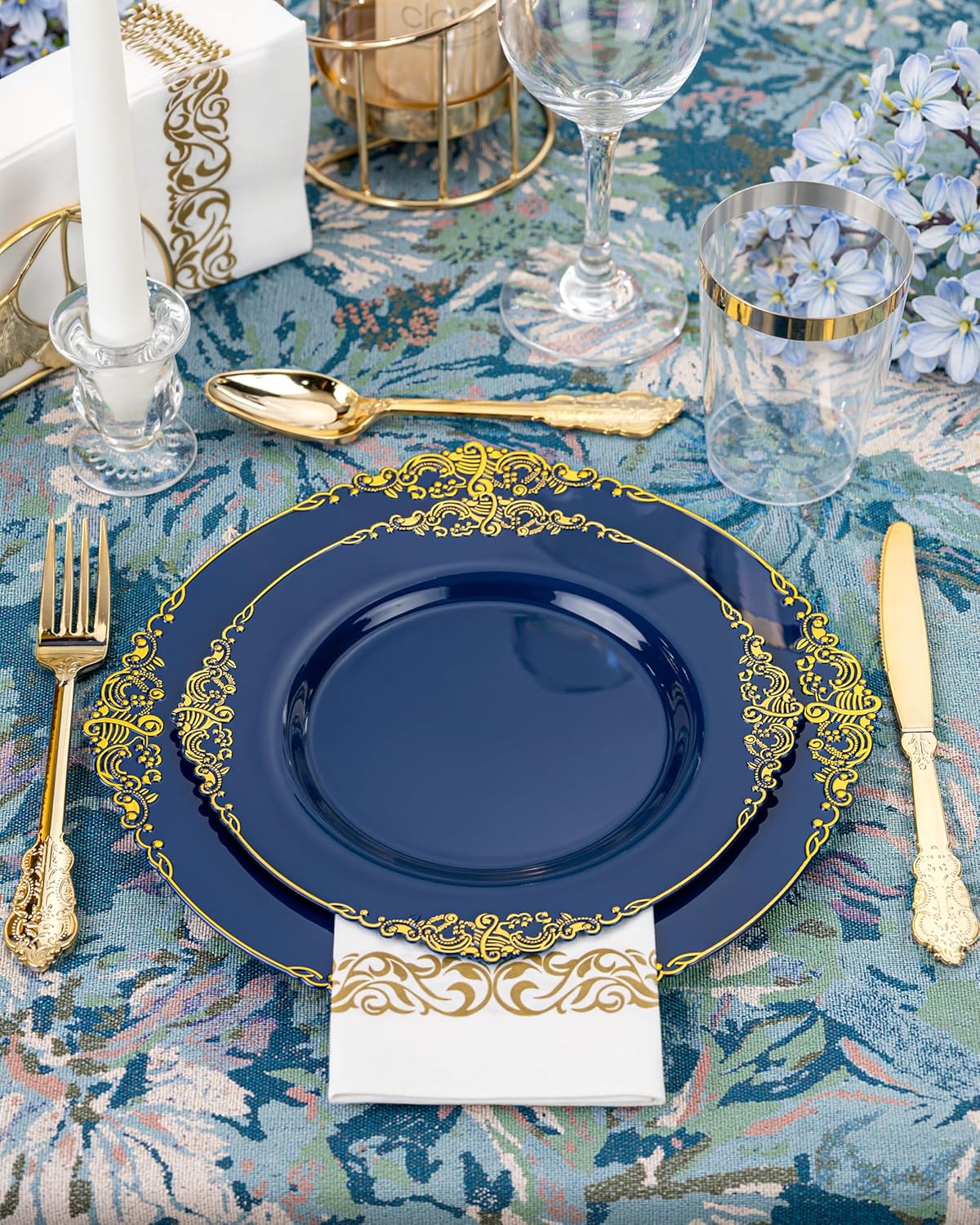 Nervure 175PCS Blue Plastic Plates - Blue Gold Plastic Dinnerware Set Disposable Include 50 Plates for Dinner and Dessert, 25Knives, 25Spoons, 25Forks, 25Cups, 25Napkins for Weddings & 4th of July