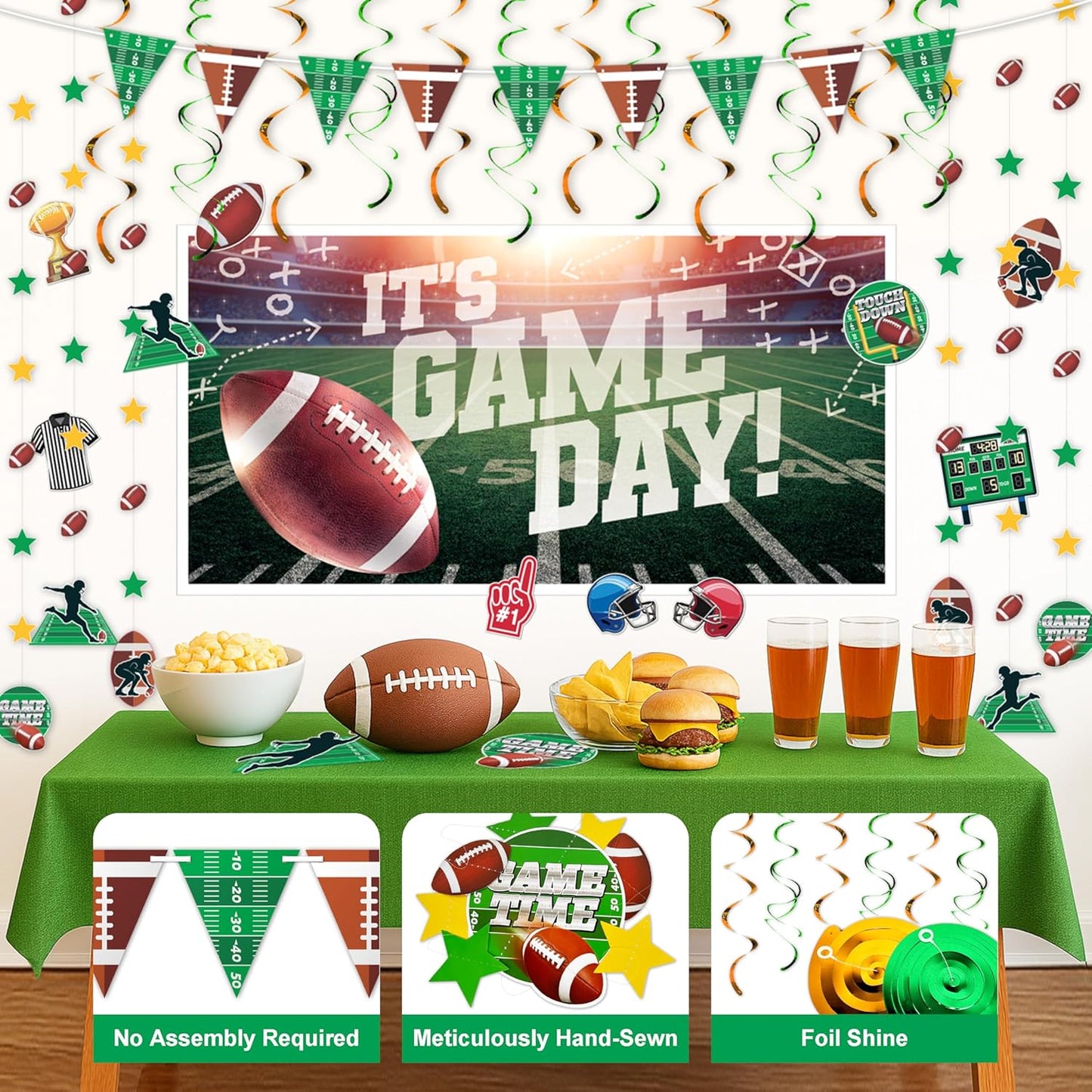 32-Piece Football Party Decoration Kit – Banners, Foil Swirls, Garlands and Cutouts with Helmets, Jerseys and Game Icons for Super Bowl, Tailgate, Sports Birthdays and Team Celebrations