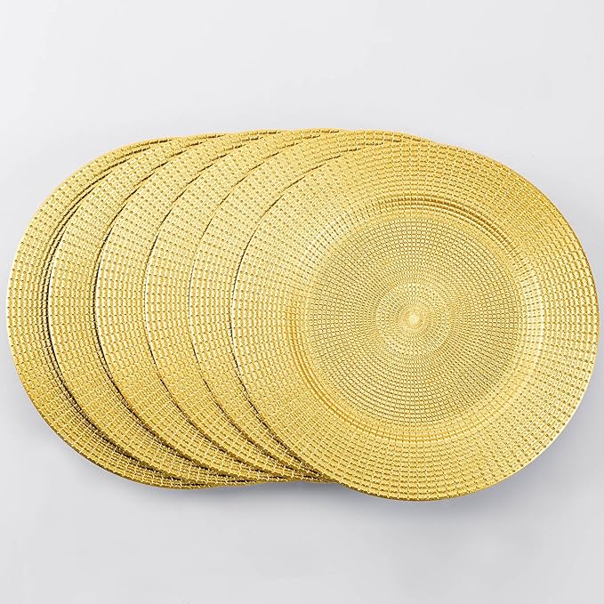 13" Glitter Gold Charger Plates, Shiny Square Grid Chargers for Dinner Plates, Glamour Table Setting Accessory Centerpiece Bluk Wedding, Event, Anniversary, Birthday, Baby Shower, Set of 6