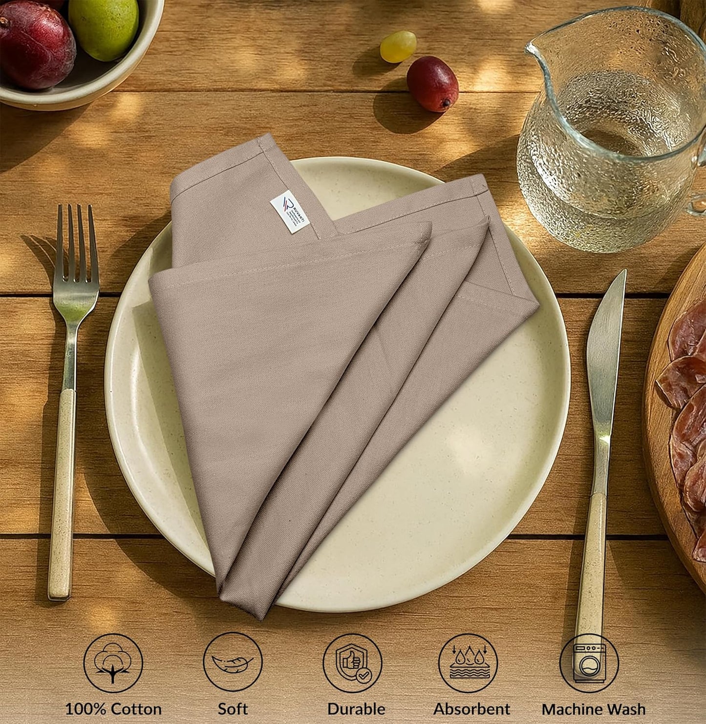 Ruvanti Premium Cloth Napkins Set of 12, 18x18 Inches, 100% Cotton, Washable, Soft & Absorbent, Perfect for Wedding, Christmas, Thanksgiving Dinners - Light Taupe