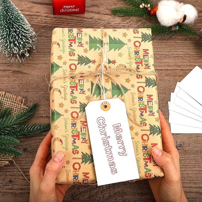 Prudiut 200pack White 4.72x 2.36inches Paper Tags with Elastic String, Reinforced Hole, for Christmas Gifts, Inventory, Writable, Gift Tags, Hang Tags