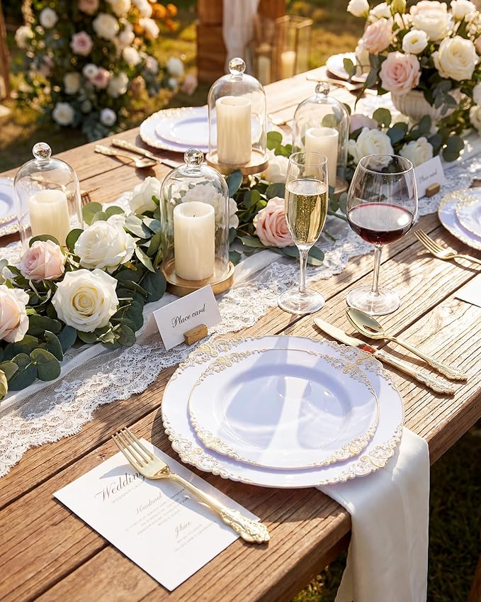 Nervure 100Pcs White and Gold Plastic Plates - 10.25Inch Gold Disposable Plates - Heavyweight Dinner Plate for Wedding & Party