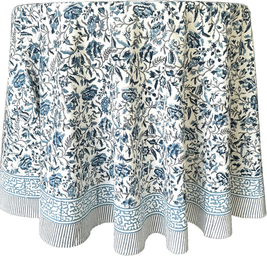 ATOSII Jodhpur Blue 100% Cotton Round Tablecloth, Handblock Print Floral Table Cloth for Kitchen Dining Linen I Parties, Weddings, Outdoors, Christmas I Fall Home Decor 90" Inches Round