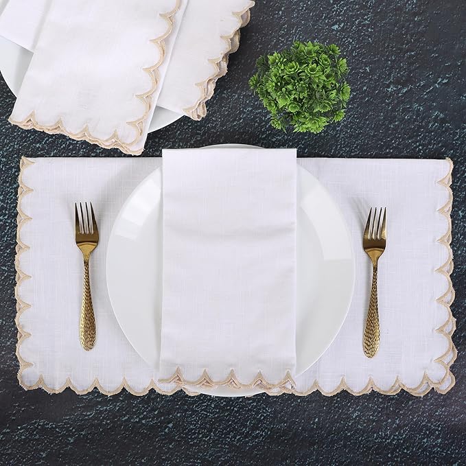 FINGERCRAFT Cloth Napkins, Everyday Use Scallop Design, Premium Quality Natural Cotton Napkin Set of 6 Perfect for Parties Dinners Weddings Easter Napkin Cloth 20x20 inch White/Beige