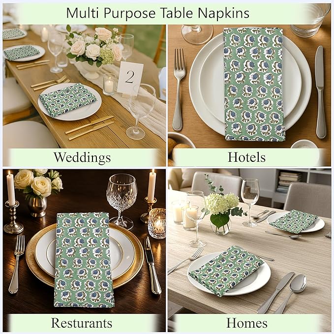 Ridhi Basil Green Hand Block Print 100% Cotton Napkins 18" x 18" (Set of 4) Reuseable Kitchen Napkins Cloth Decor Dinner Party Wedding Cocktail Gift for Spring, Easter, Valentine