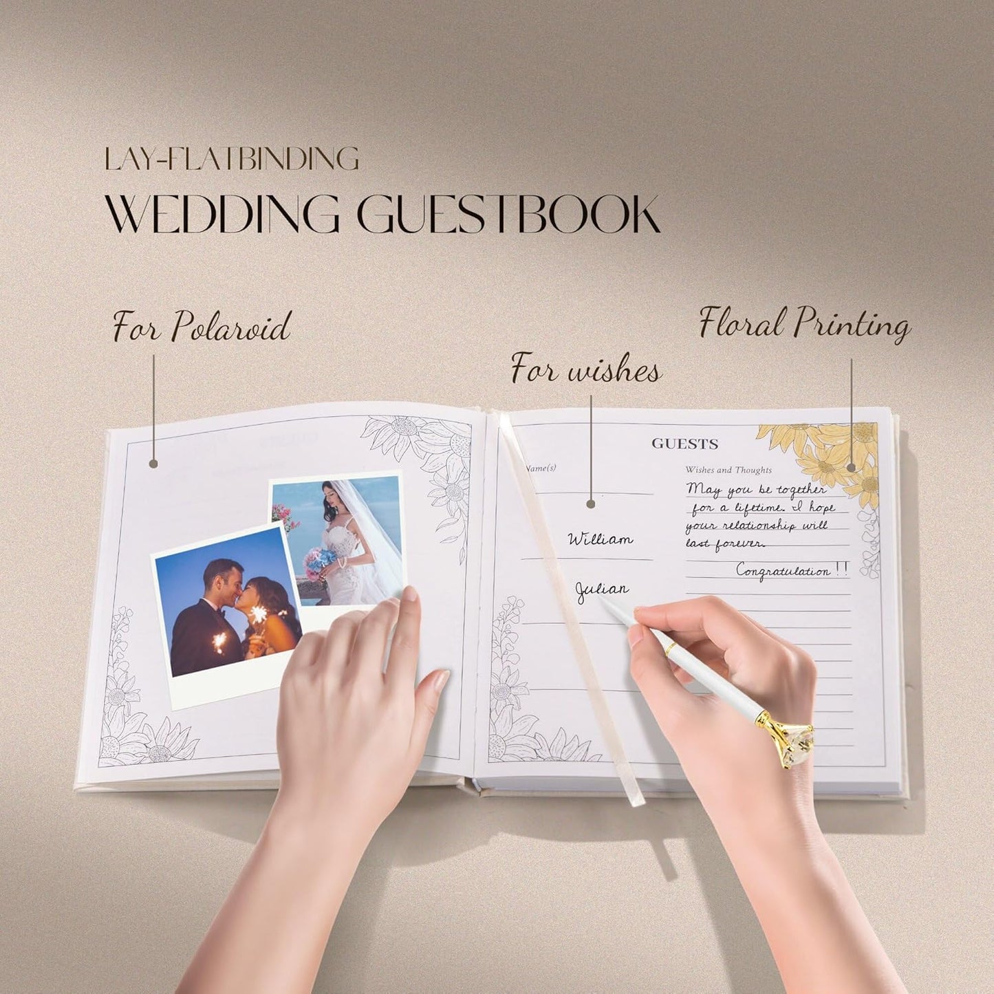 Embroidered Wedding Guest Book—The Perfect Polaroid Guest Book for Wedding Receptions， Birthdays, Baby Showers, and Special Events with 3 Photo Corner Stickers+ 3 DIY pens+1 Diamond Pen(Cream)