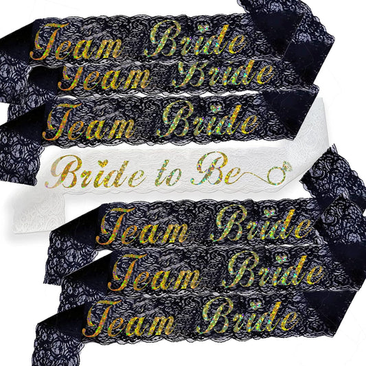 Team Bride Sash Set- 1 White Lace Bride to Be Sash and 6 Team Bride Sashes for Bachelorette Party Supplies