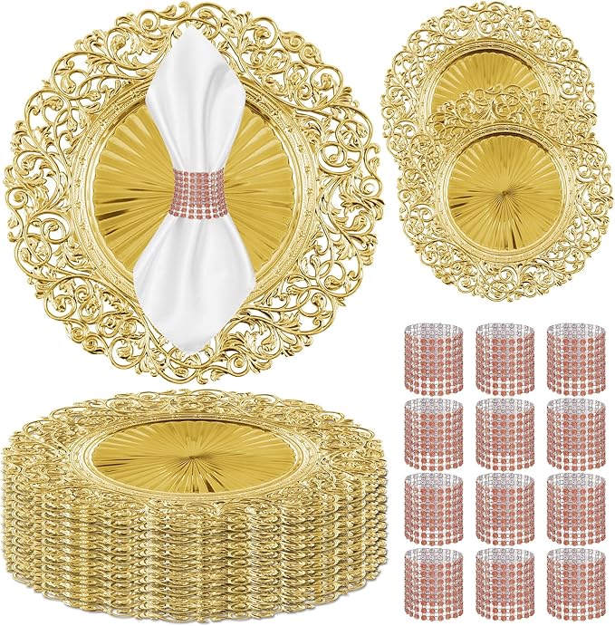 Set of 12 Gold Charger Plates and 12 Napkin Rings, 13-Inch Heavy-Duty Stackable Chargers for Dinner Plates, Perfect for Wedding & Party Table Settings