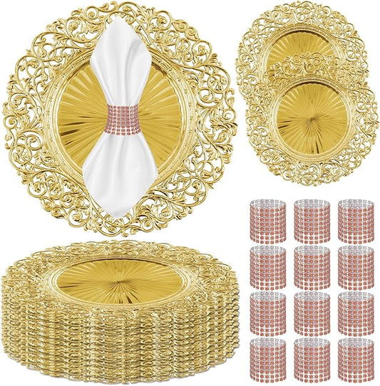 Set of 12 Gold Charger Plates and 12 Napkin Rings, 13-Inch Heavy-Duty Stackable Chargers for Dinner Plates, Perfect for Wedding & Party Table Settings