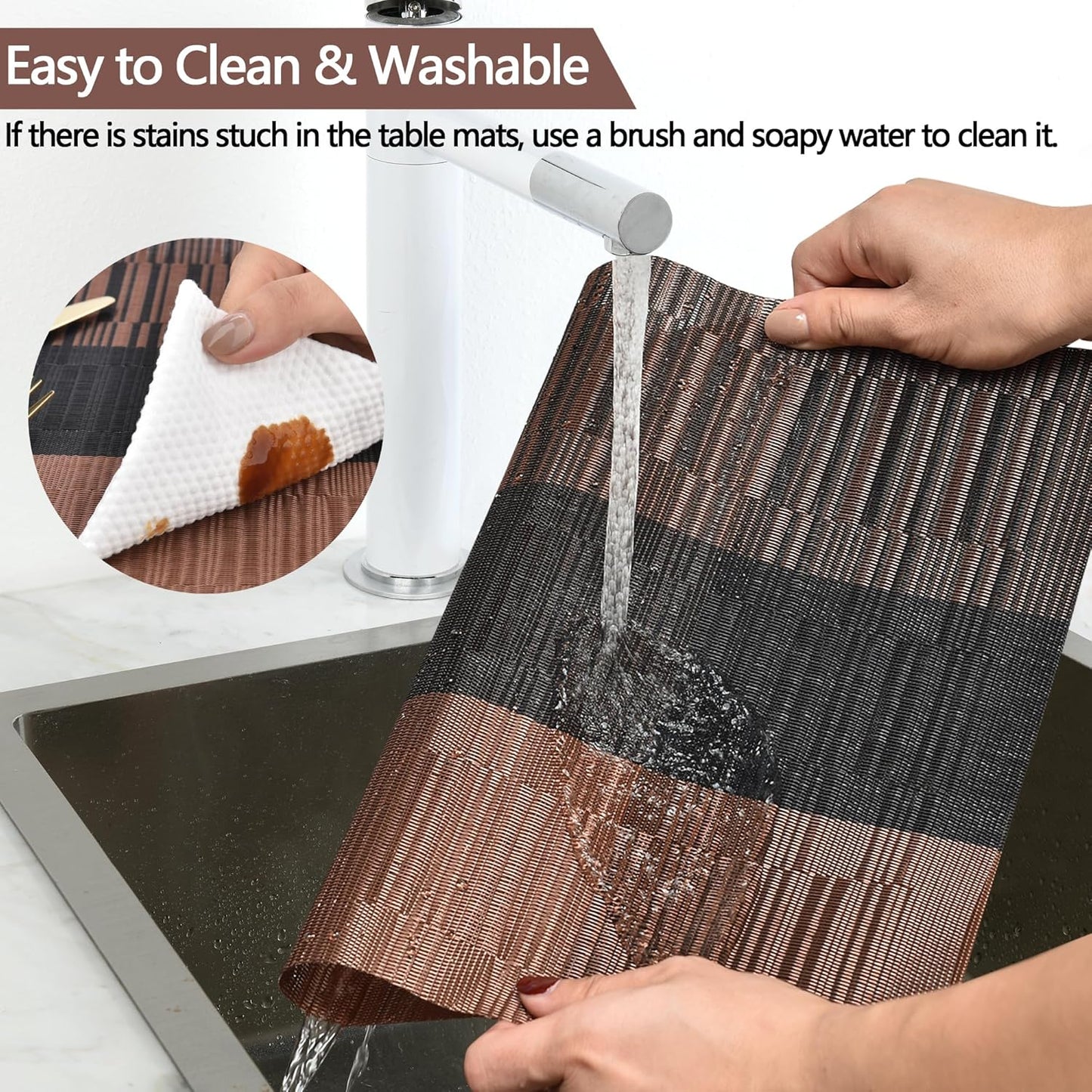 SLKQG Placemats Set of 8 - Easy Clean Modern Durable Washable Vinyl Place Mats - Heat Resistant Placemats for Kitchen Table - PVC Table Mats for Dining Table (Brown Black, 8)
