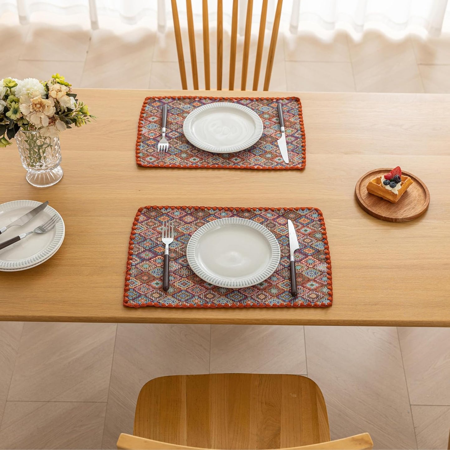 Boho Embroidery Table Runner Accessories Set of 4 Geometry Fall Kitchen Dining Table Decoration for Home Party Decor 13x18inch