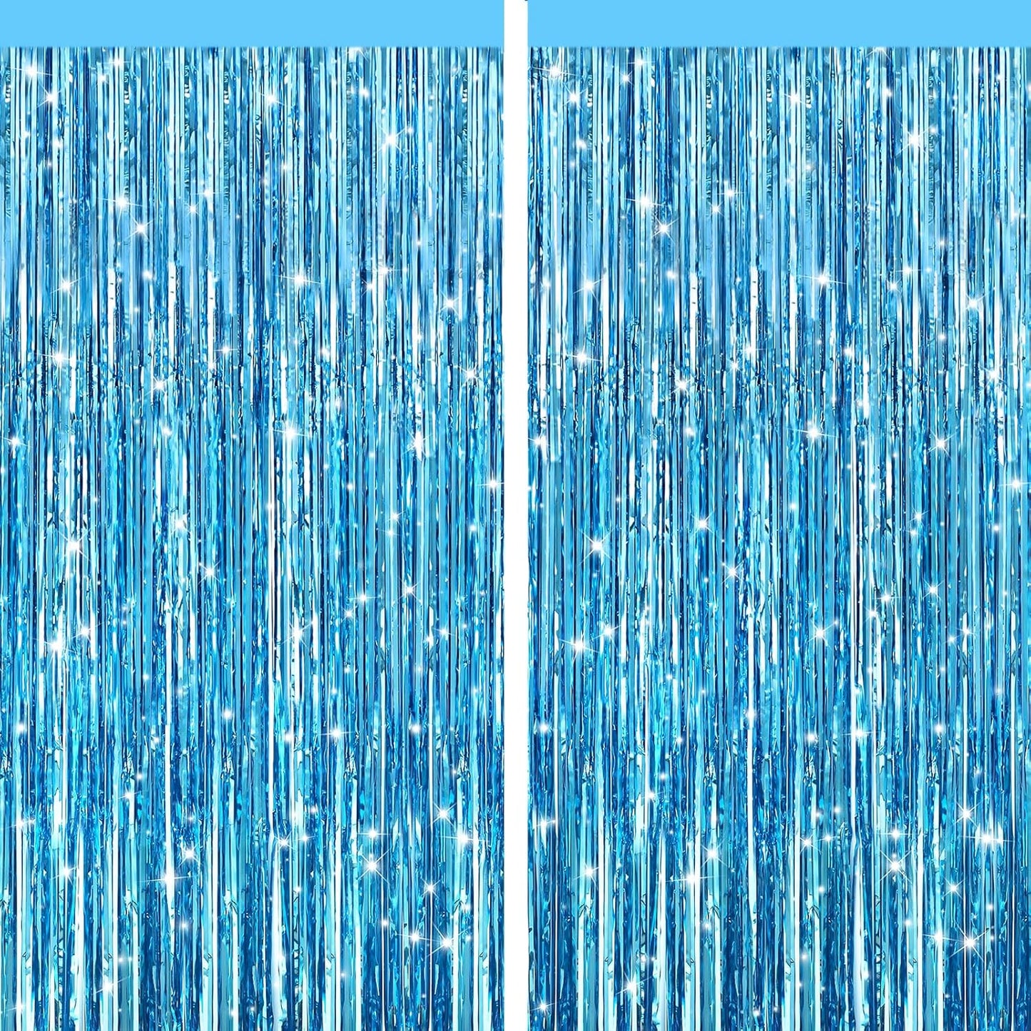 2 Pack Light Blue Metallic Tinsel Foil Fringe Curtains, Door Streamers Photo Booth Backdrop for Birthday Party, Tinsel Curtain Backdrop for Baby Shower Bachelorette Christmas Party Decorations