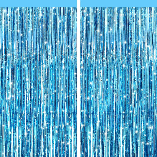 2 Pack Light Blue Metallic Tinsel Foil Fringe Curtains, Door Streamers Photo Booth Backdrop for Birthday Party, Tinsel Curtain Backdrop for Baby Shower Bachelorette Christmas Party Decorations