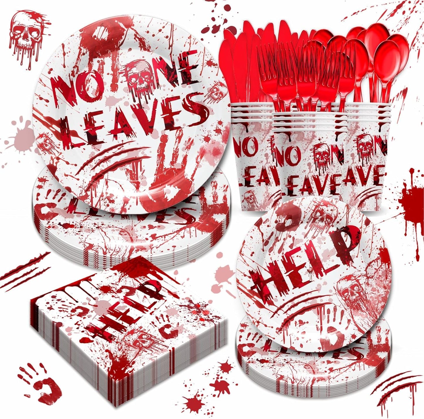 168 Pcs Hawlloween Bloody Party Supplies Tableware - Halloween Scary Party Decroations Include Plates, Cups, Napkins, Cutlery, Halloween Zombie Scary Party Decorations | 24 Guests