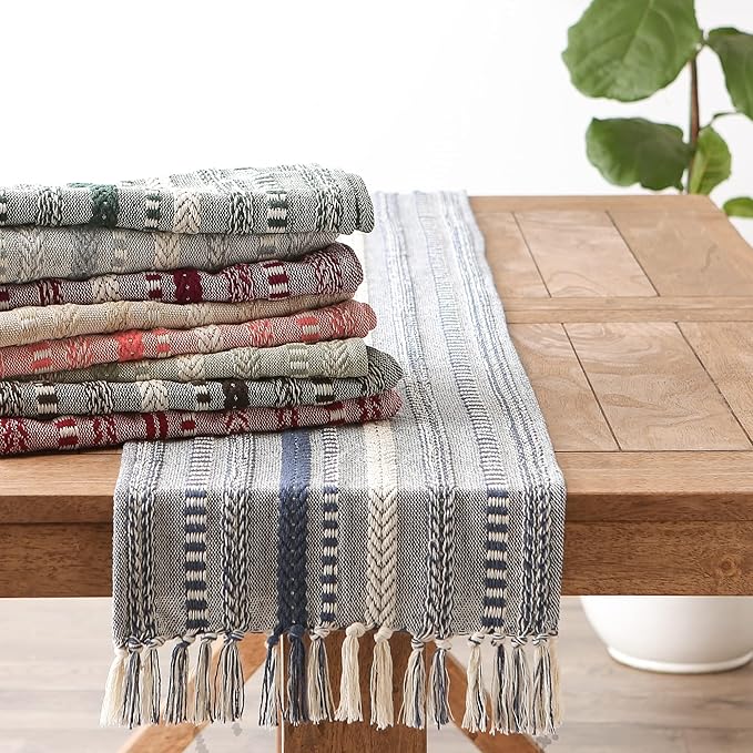 DII Farmhouse Braided Stripe Table Runner Collection, 15x108 (15x113, Fringe Included), Barn Red