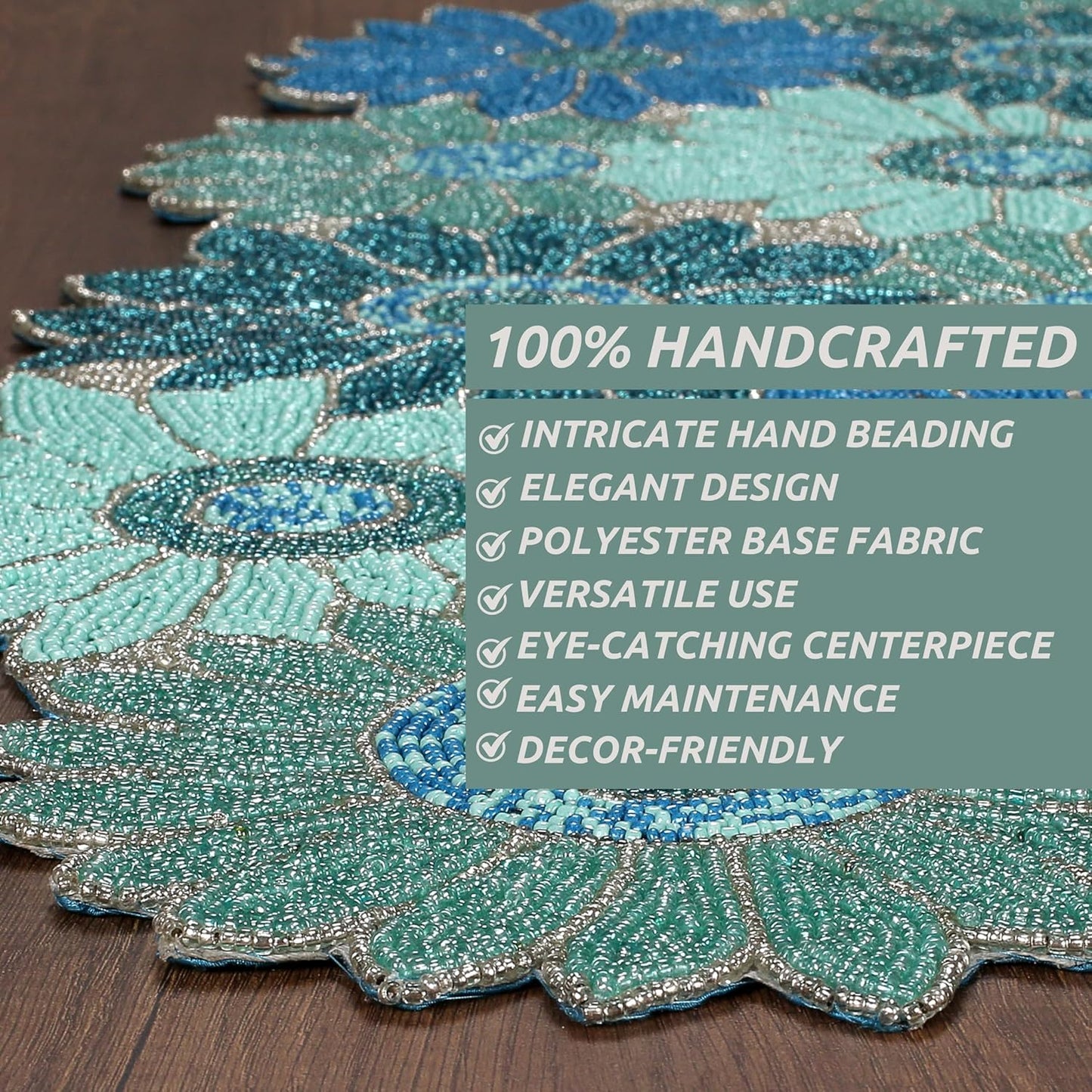 Decorative Floral Beaded Table Runner - 13x36 Inches Handmade for Christmas, Thanksgiving, Weddings & Special Occasions - Perfect for Dining Tables & Buffets (Blue) - CLEENTABLE