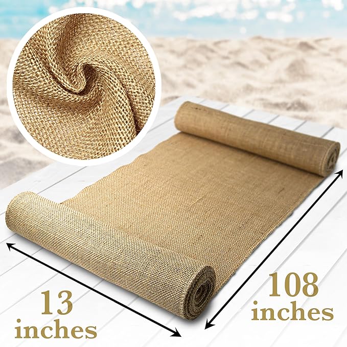 Burlap Table Runners, 13 x 108 Inch - 2 Pack Outdoor Rustic Jute Table Runner for Fall, Thanksgiving, Farmhouse Decor, Natural Color Edge